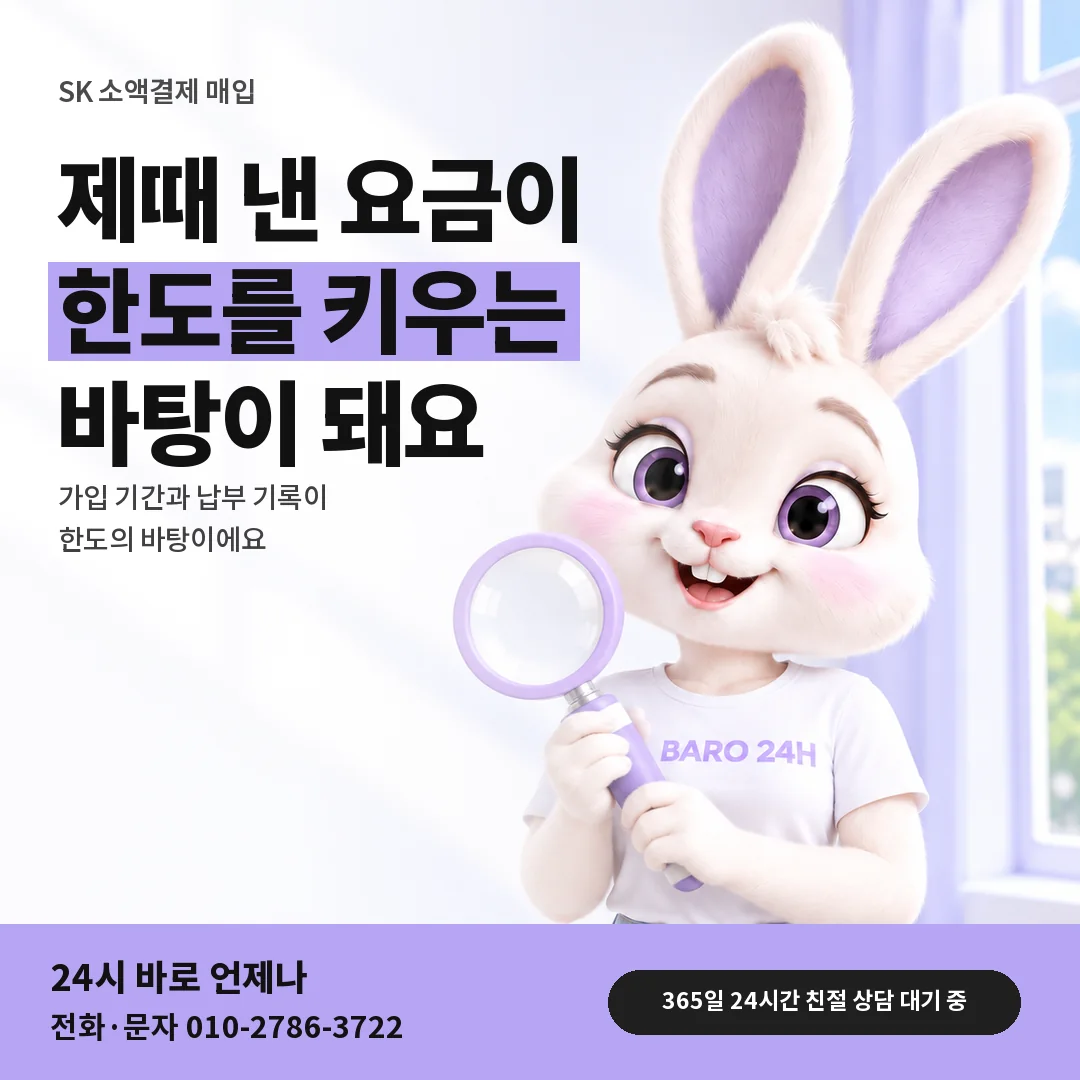 돋보기를 든 BARO 24H 티셔츠를 입은 3D 토끼 캐릭터 옆에 「SK 한도가 늘어나는 조건」 제목을 얹은 안내 카드