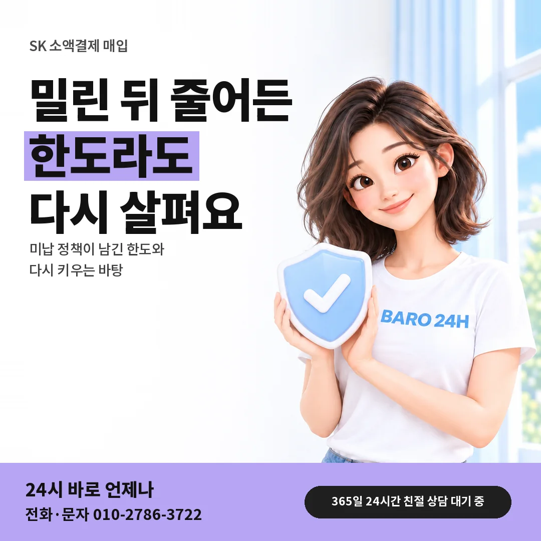 방패를 든 BARO 24H 티셔츠를 입은 3D 인물 옆에 「SK 미납 뒤 줄어든 한도」 제목을 얹은 안내 카드