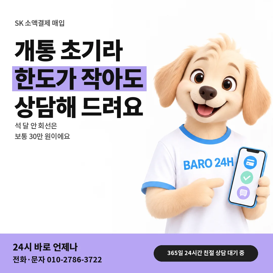 BARO 24H 티셔츠를 입은 3D 동물 캐릭터 옆에 「SK 개통 초기 한도」 제목을 얹은 안내 카드