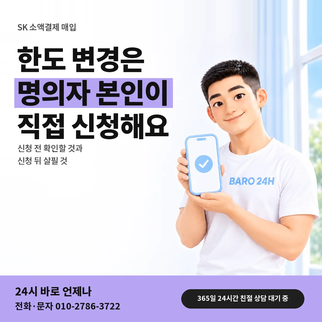 휴대폰을 든 BARO 24H 티셔츠를 입은 3D 인물 옆에 「SK 한도 변경 신청」 제목을 얹은 안내 카드